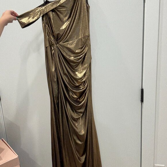 Ieena for Mac Duggal Gold Metallic Off The Shoulder Gown - Picture 3 of 6